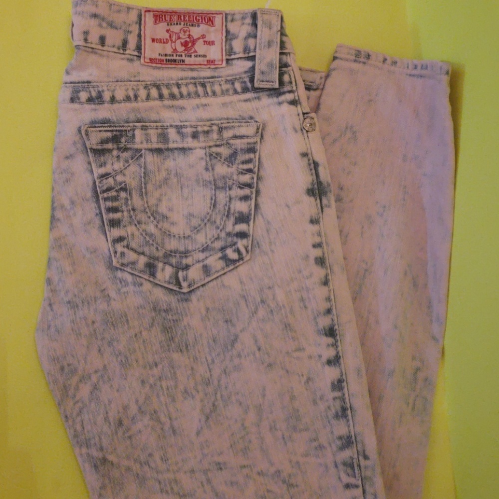pink acid wash True Religion jeans